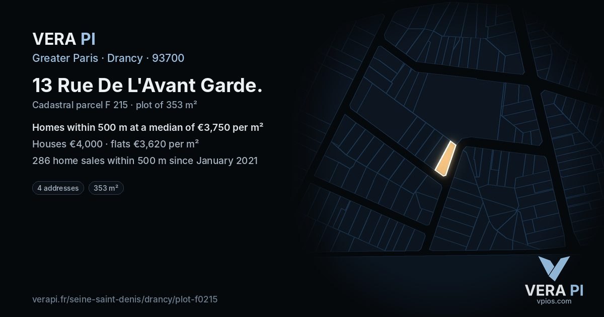 13 Rue De L'Avant Garde, Drancy at night – the plot lit, the parcels around coloured by the prices near them