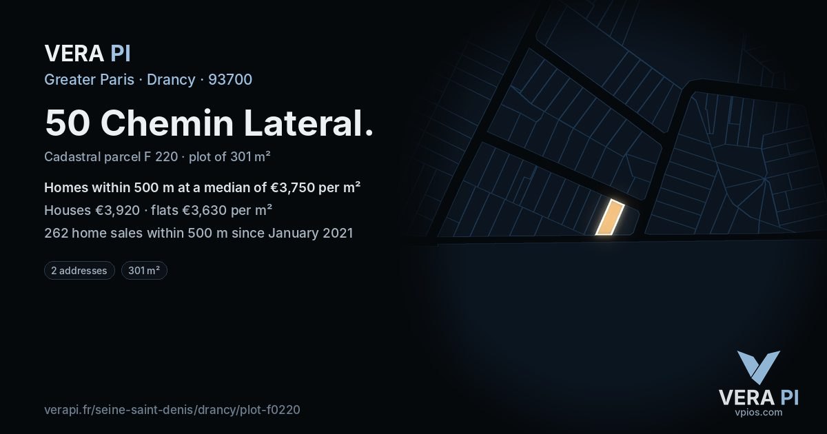 50 Chemin Lateral, Drancy at night – the plot lit, the parcels around coloured by the prices near them