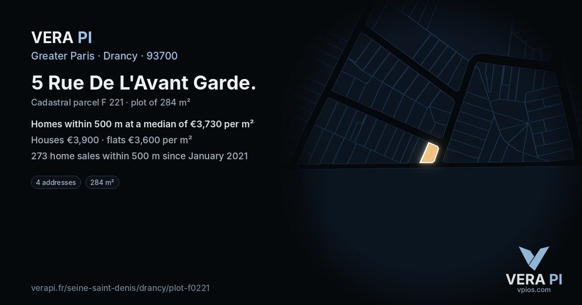 5 Rue De L'Avant Garde, Drancy at night – the plot lit, the parcels around coloured by the prices near them