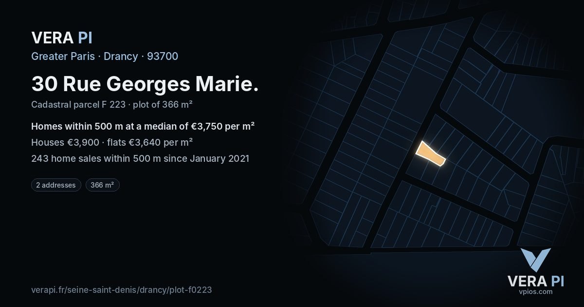 30 Rue Georges Marie, Drancy at night – the plot lit, the parcels around coloured by the prices near them