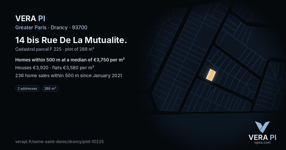 14 bis Rue De La Mutualite, Drancy at night – the plot lit, the parcels around coloured by the prices near them