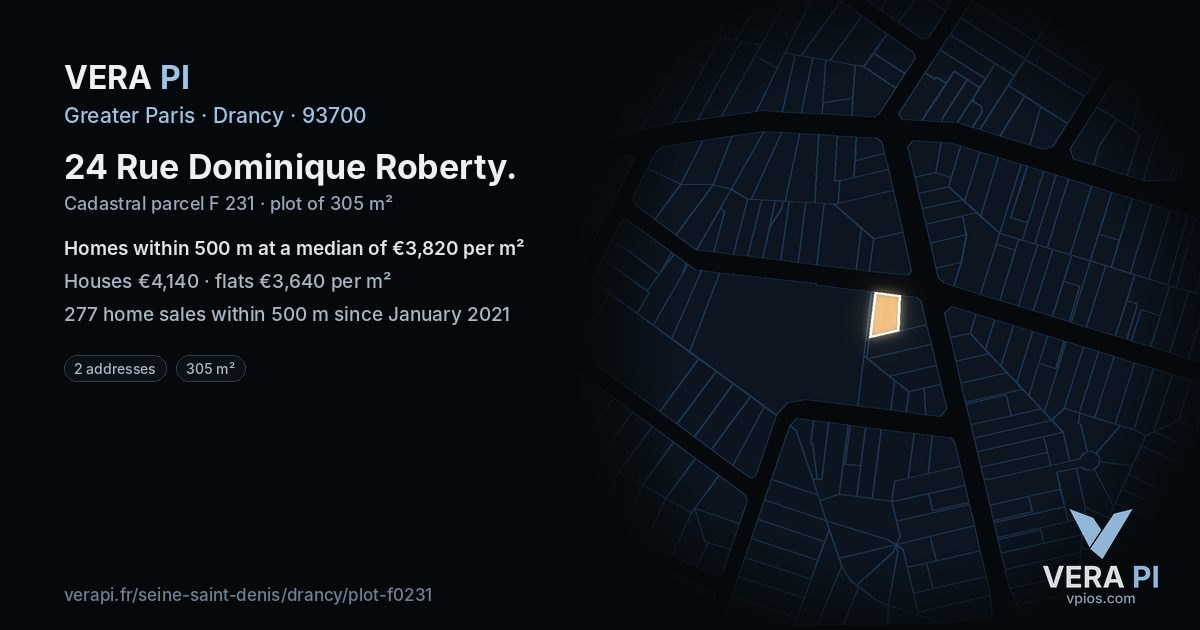 24 Rue Dominique Roberty, Drancy at night – the plot lit, the parcels around coloured by the prices near them