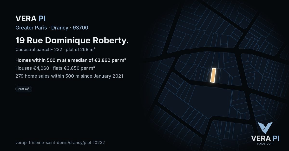 19 Rue Dominique Roberty, Drancy at night – the plot lit, the parcels around coloured by the prices near them
