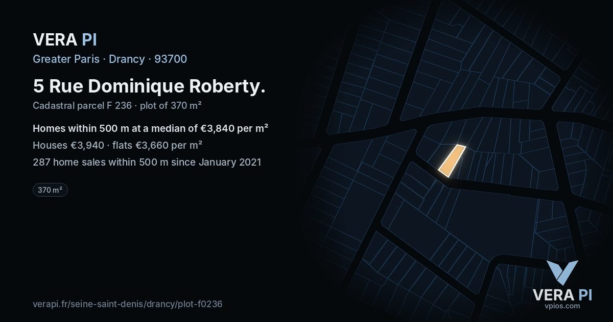 5 Rue Dominique Roberty, Drancy at night – the plot lit, the parcels around coloured by the prices near them