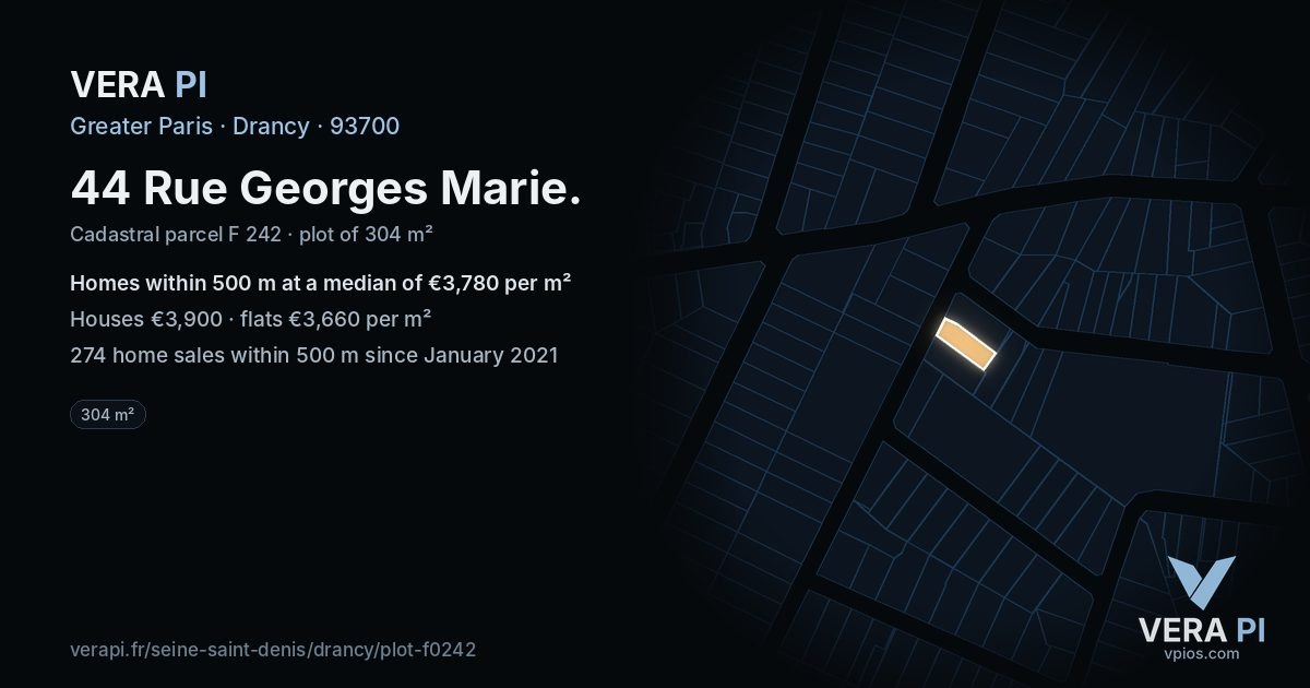 44 Rue Georges Marie, Drancy at night – the plot lit, the parcels around coloured by the prices near them