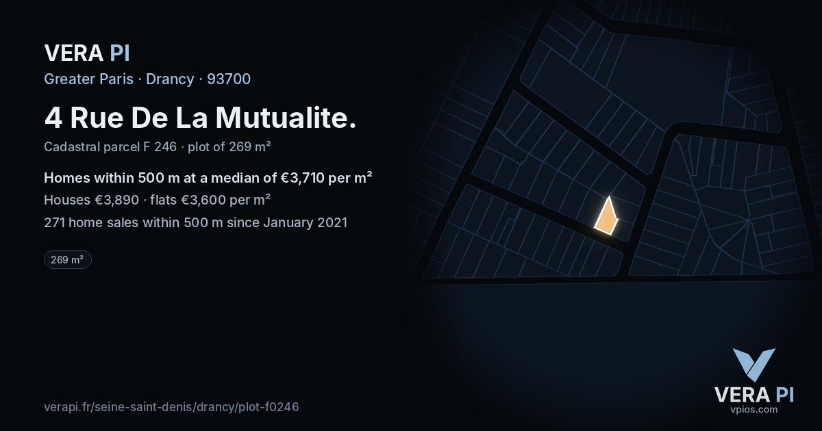 4 Rue De La Mutualite, Drancy at night – the plot lit, the parcels around coloured by the prices near them