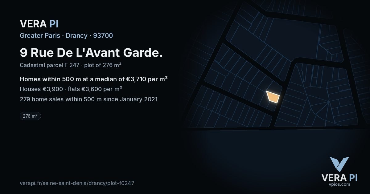 9 Rue De L'Avant Garde, Drancy at night – the plot lit, the parcels around coloured by the prices near them