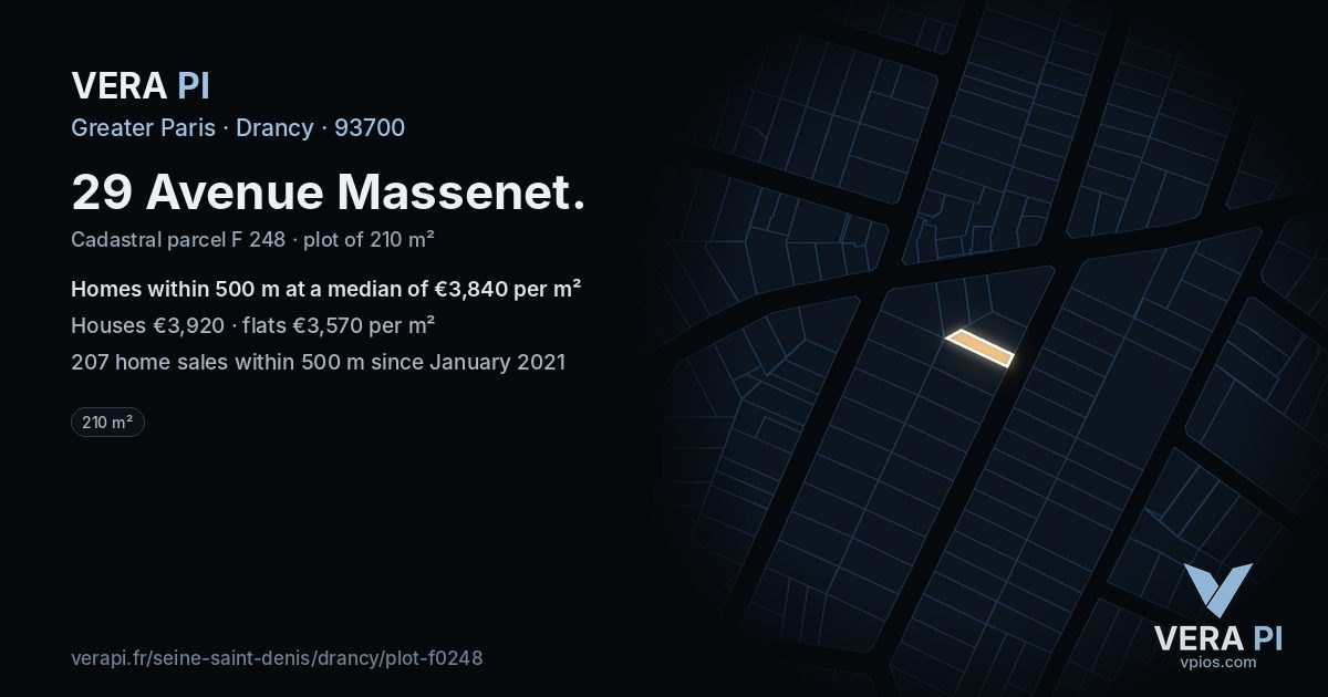 29 Avenue Massenet, Drancy at night – the plot lit, the parcels around coloured by the prices near them