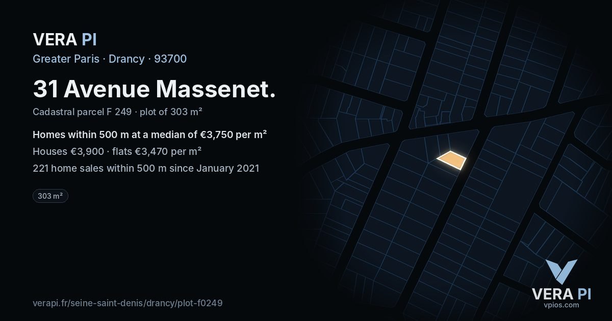 31 Avenue Massenet, Drancy at night – the plot lit, the parcels around coloured by the prices near them
