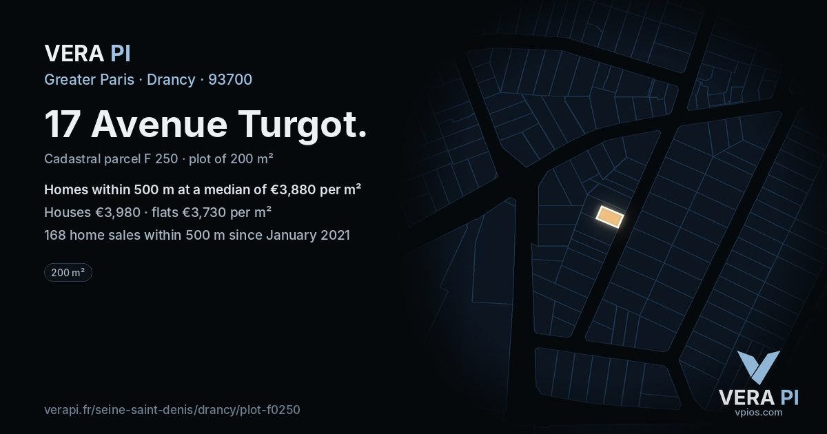 17 Avenue Turgot, Drancy at night – the plot lit, the parcels around coloured by the prices near them