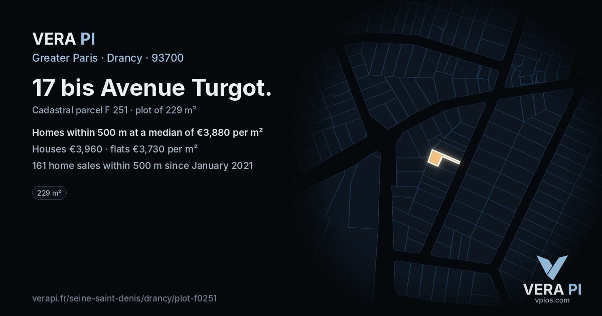 17 bis Avenue Turgot, Drancy at night – the plot lit, the parcels around coloured by the prices near them