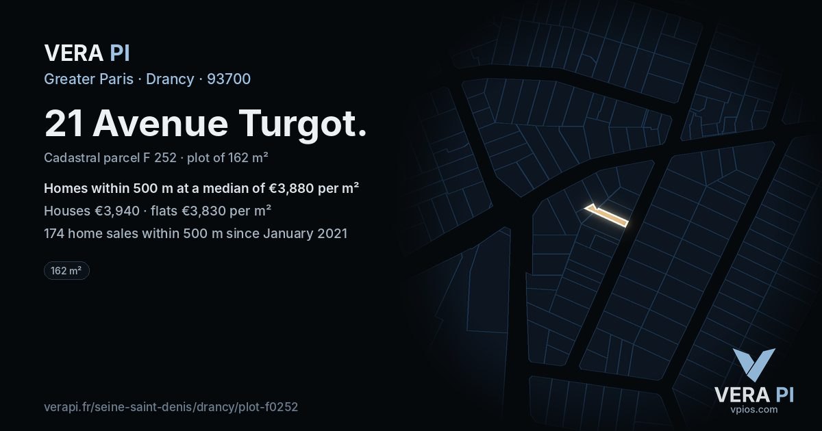 21 Avenue Turgot, Drancy at night – the plot lit, the parcels around coloured by the prices near them