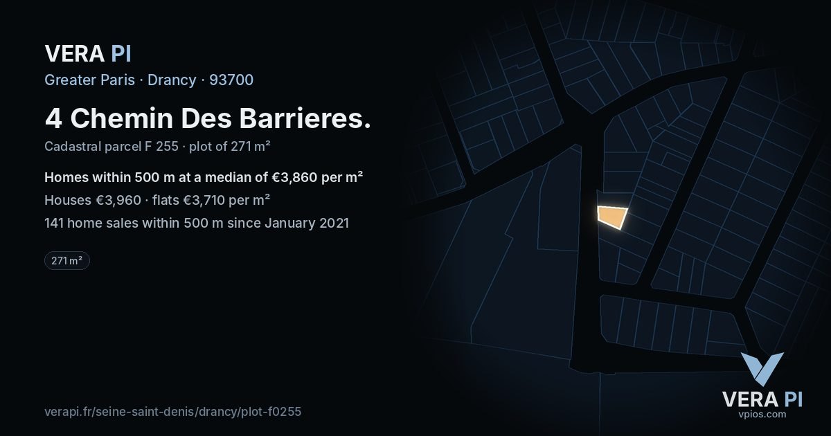 4 Chemin Des Barrieres, Drancy at night – the plot lit, the parcels around coloured by the prices near them