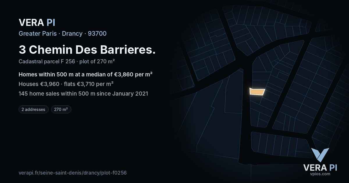 3 Chemin Des Barrieres, Drancy at night – the plot lit, the parcels around coloured by the prices near them