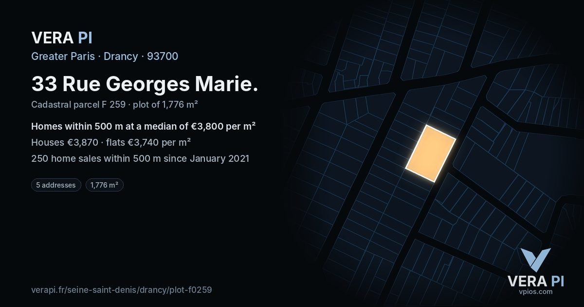 33 Rue Georges Marie, Drancy at night – the plot lit, the parcels around coloured by the prices near them