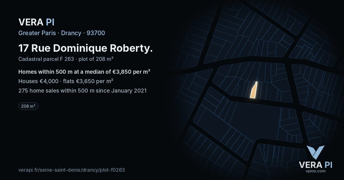 17 Rue Dominique Roberty, Drancy at night – the plot lit, the parcels around coloured by the prices near them