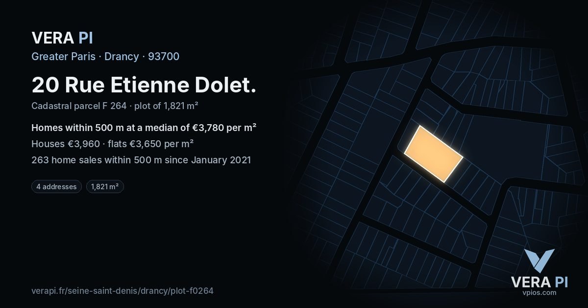 20 Rue Etienne Dolet, Drancy at night – the plot lit, the parcels around coloured by the prices near them