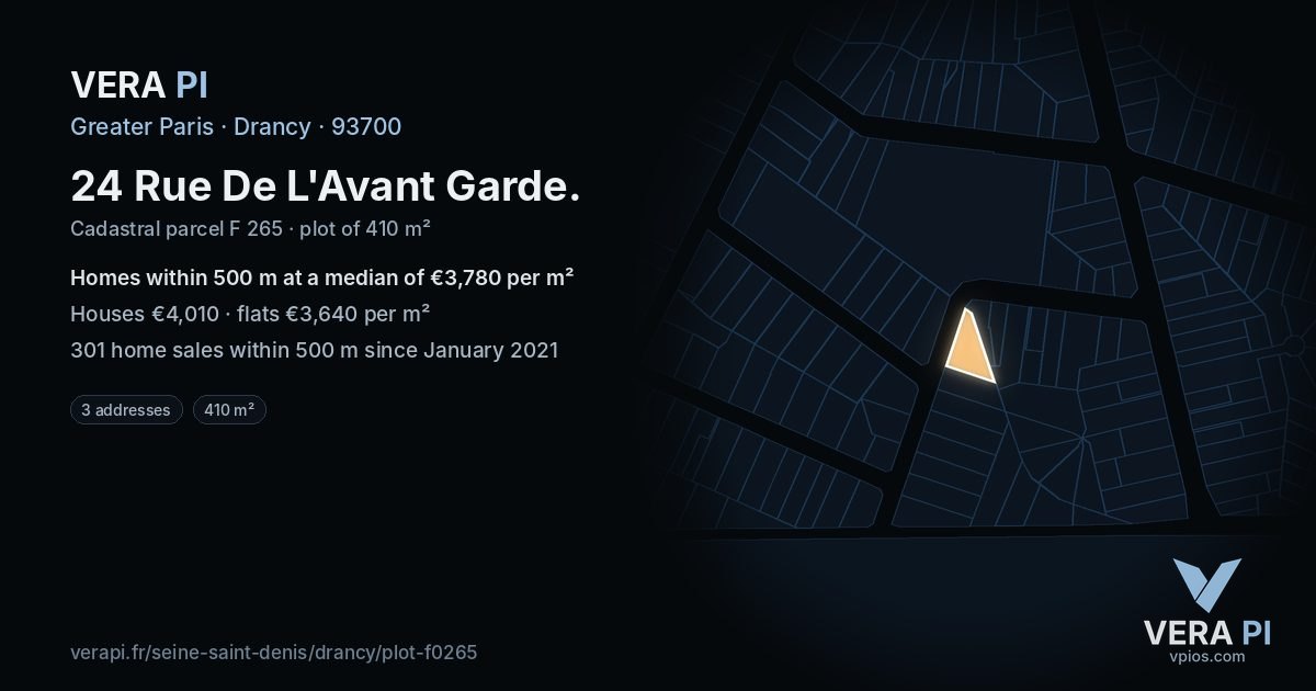 24 Rue De L'Avant Garde, Drancy at night – the plot lit, the parcels around coloured by the prices near them