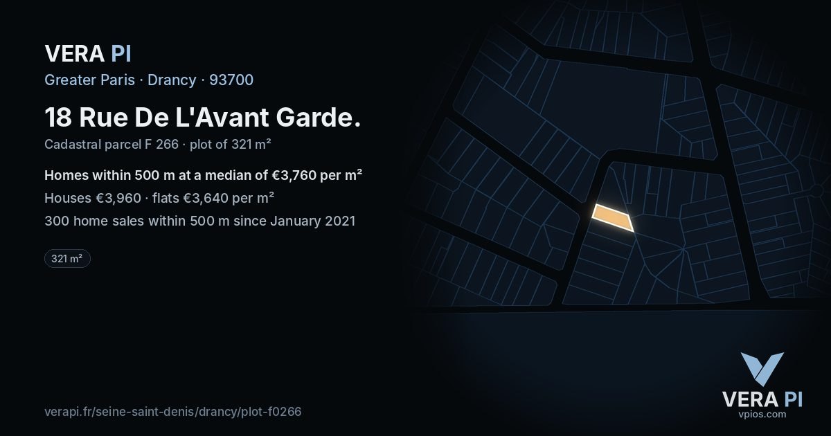 18 Rue De L'Avant Garde, Drancy at night – the plot lit, the parcels around coloured by the prices near them