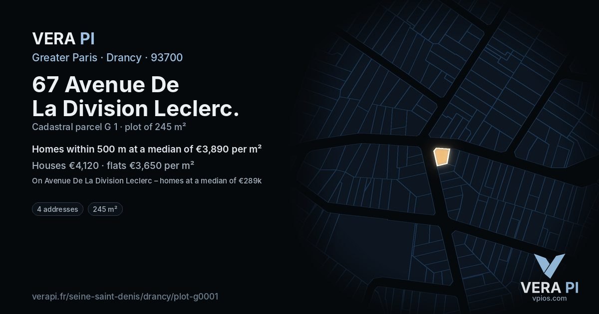 67 Avenue De La Division Leclerc, Drancy at night – the plot lit, the parcels around coloured by the prices near them