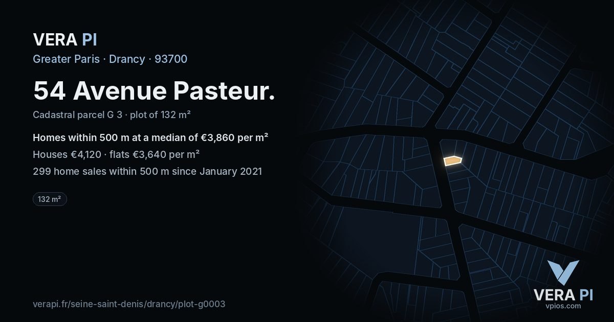 54 Avenue Pasteur, Drancy at night – the plot lit, the parcels around coloured by the prices near them