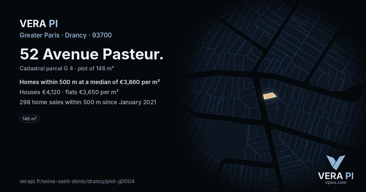 52 Avenue Pasteur, Drancy at night – the plot lit, the parcels around coloured by the prices near them