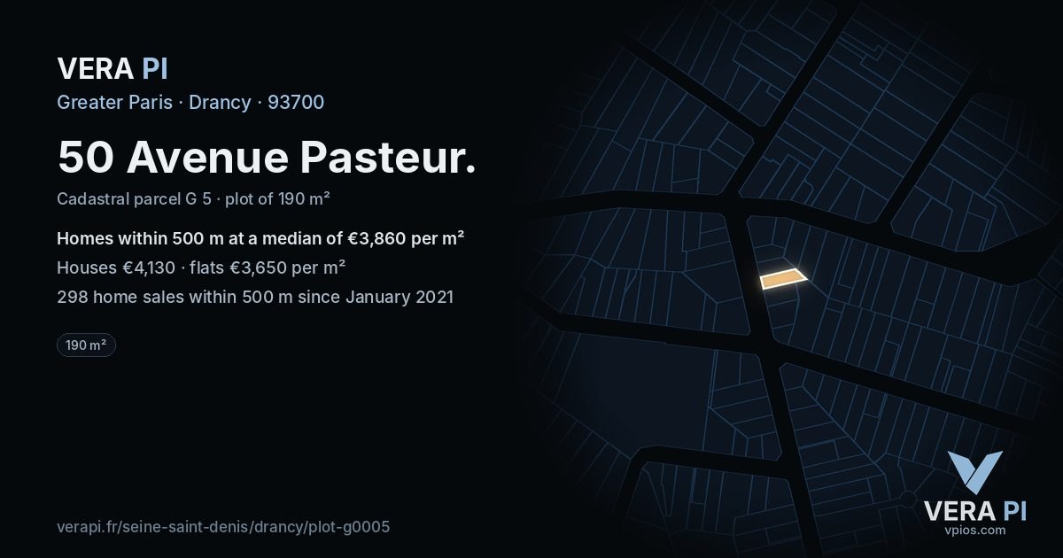 50 Avenue Pasteur, Drancy at night – the plot lit, the parcels around coloured by the prices near them