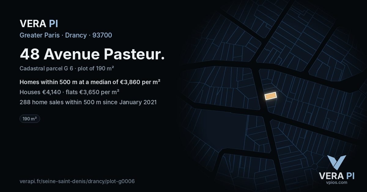 48 Avenue Pasteur, Drancy at night – the plot lit, the parcels around coloured by the prices near them