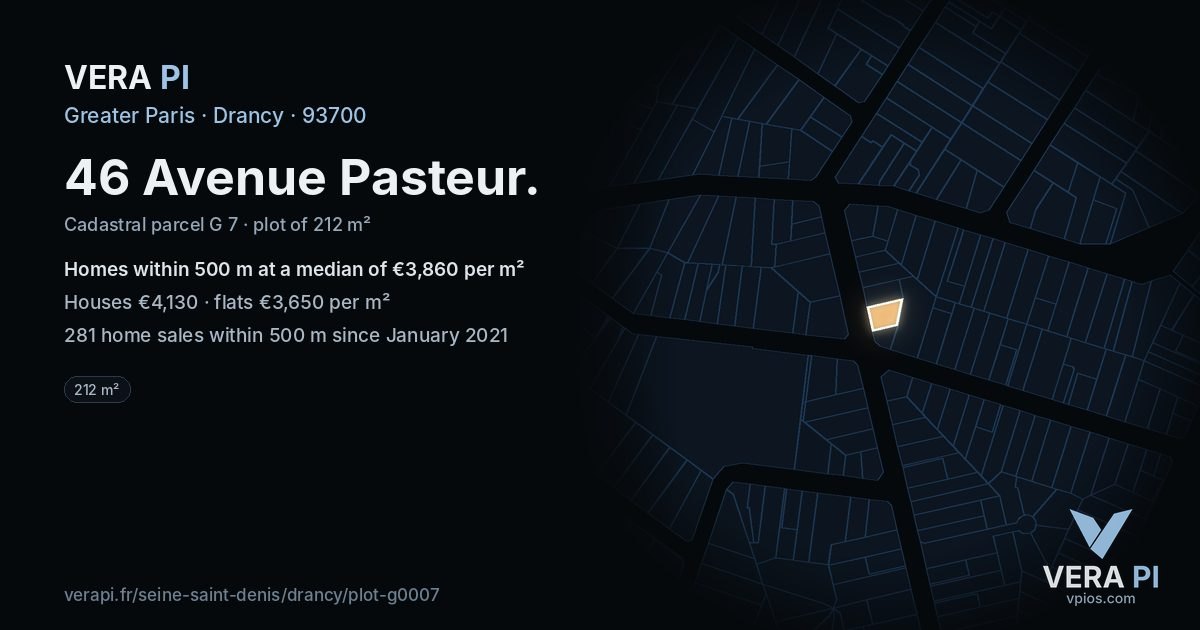 46 Avenue Pasteur, Drancy at night – the plot lit, the parcels around coloured by the prices near them