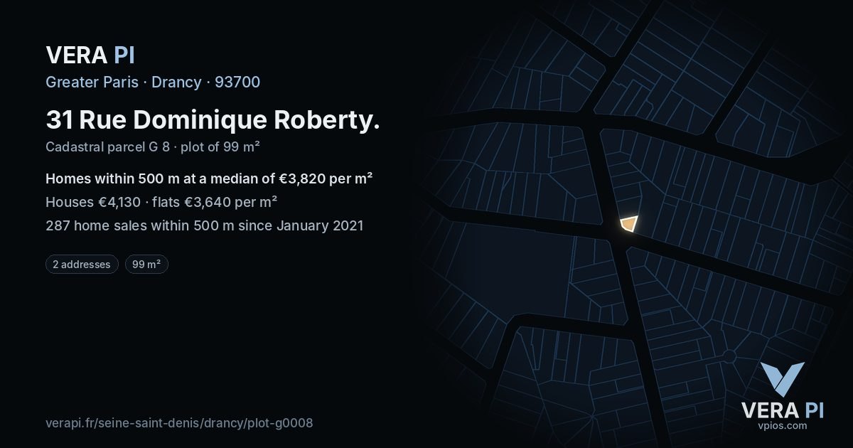 31 Rue Dominique Roberty, Drancy at night – the plot lit, the parcels around coloured by the prices near them