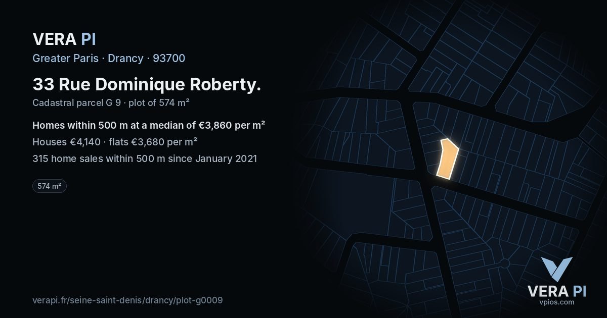 33 Rue Dominique Roberty, Drancy at night – the plot lit, the parcels around coloured by the prices near them