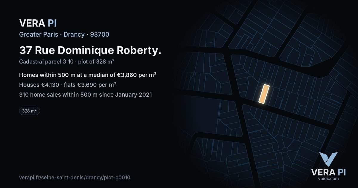 37 Rue Dominique Roberty, Drancy at night – the plot lit, the parcels around coloured by the prices near them