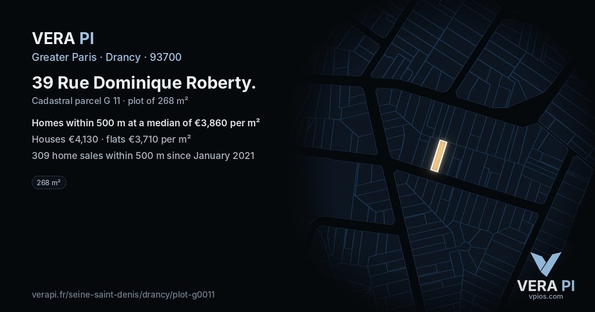39 Rue Dominique Roberty, Drancy at night – the plot lit, the parcels around coloured by the prices near them
