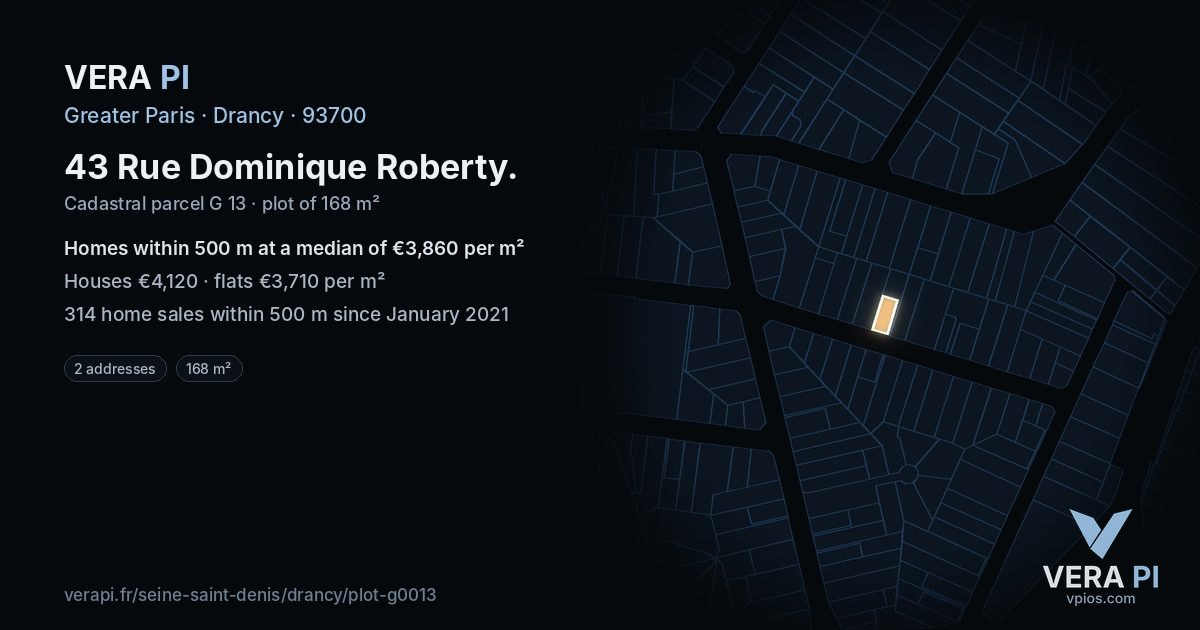43 Rue Dominique Roberty, Drancy at night – the plot lit, the parcels around coloured by the prices near them