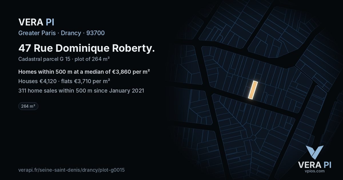 47 Rue Dominique Roberty, Drancy at night – the plot lit, the parcels around coloured by the prices near them