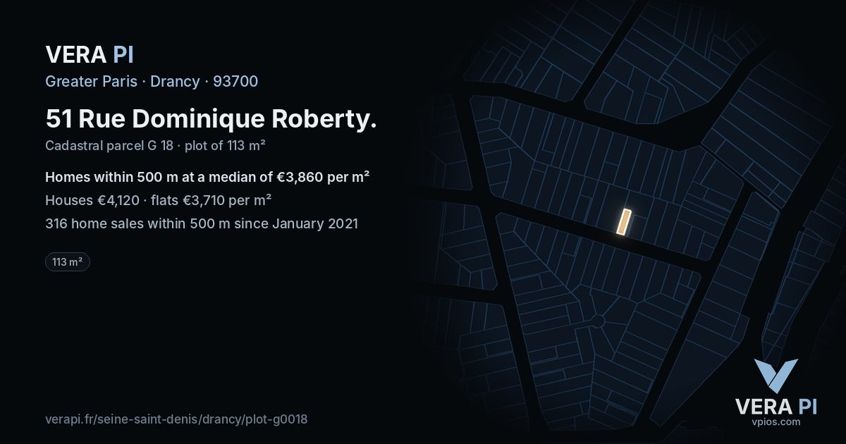 51 Rue Dominique Roberty, Drancy at night – the plot lit, the parcels around coloured by the prices near them