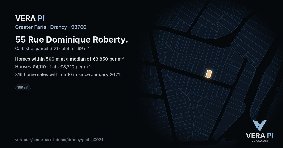 55 Rue Dominique Roberty, Drancy at night – the plot lit, the parcels around coloured by the prices near them
