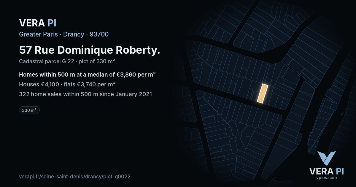 57 Rue Dominique Roberty, Drancy at night – the plot lit, the parcels around coloured by the prices near them