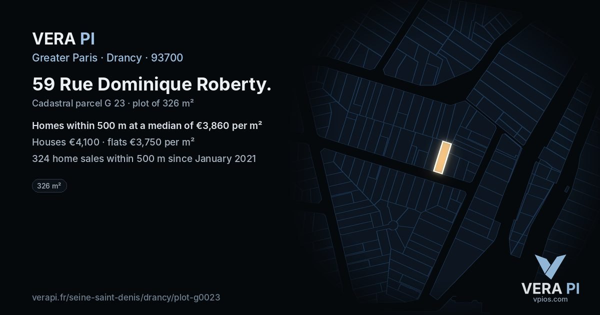 59 Rue Dominique Roberty, Drancy at night – the plot lit, the parcels around coloured by the prices near them