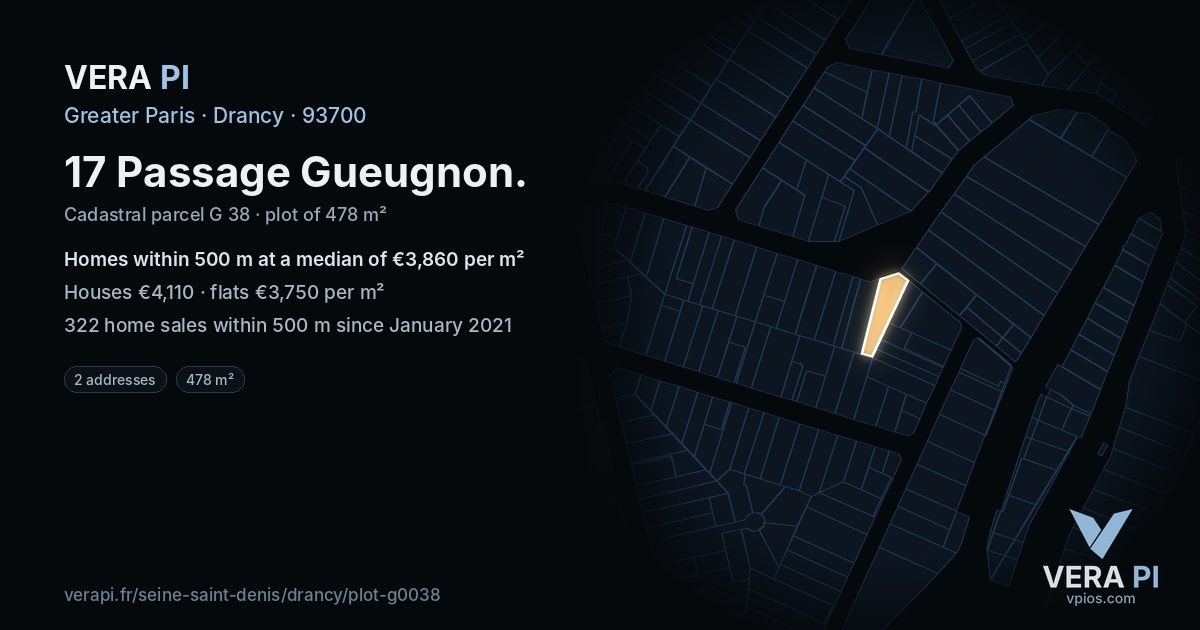 17 Passage Gueugnon, Drancy at night – the plot lit, the parcels around coloured by the prices near them