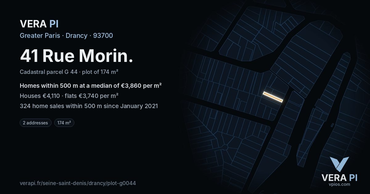 41 Rue Morin, Drancy at night – the plot lit, the parcels around coloured by the prices near them