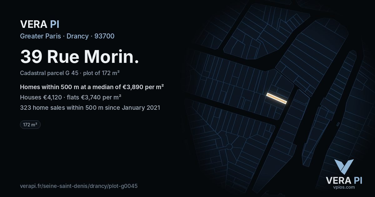 39 Rue Morin, Drancy at night – the plot lit, the parcels around coloured by the prices near them