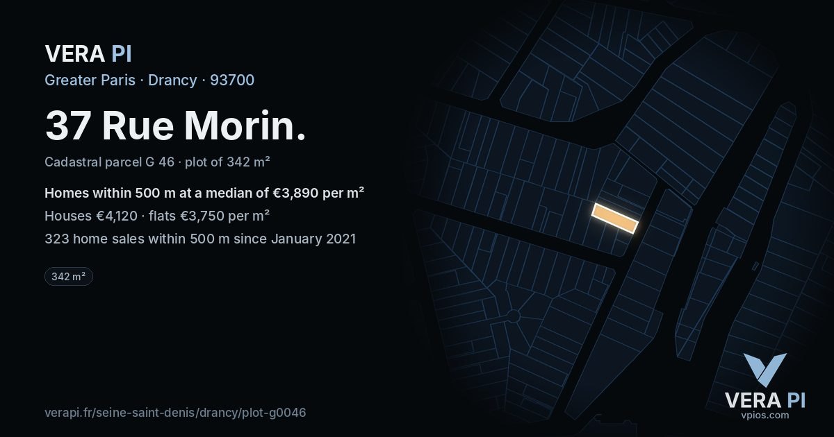 37 Rue Morin, Drancy at night – the plot lit, the parcels around coloured by the prices near them