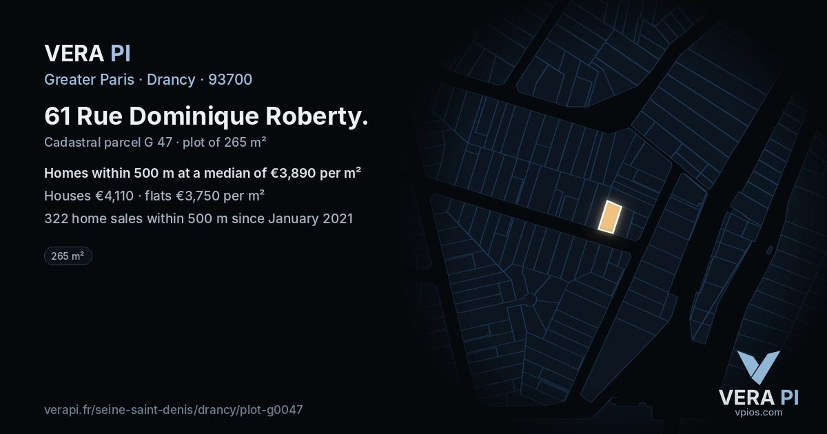 61 Rue Dominique Roberty, Drancy at night – the plot lit, the parcels around coloured by the prices near them