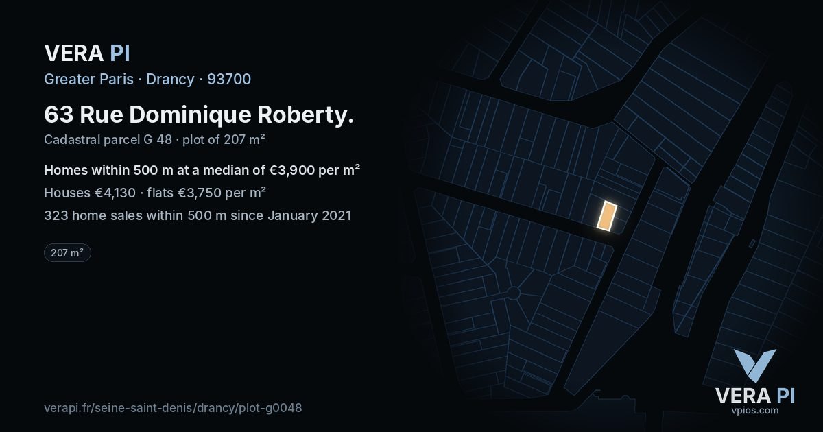 63 Rue Dominique Roberty, Drancy at night – the plot lit, the parcels around coloured by the prices near them