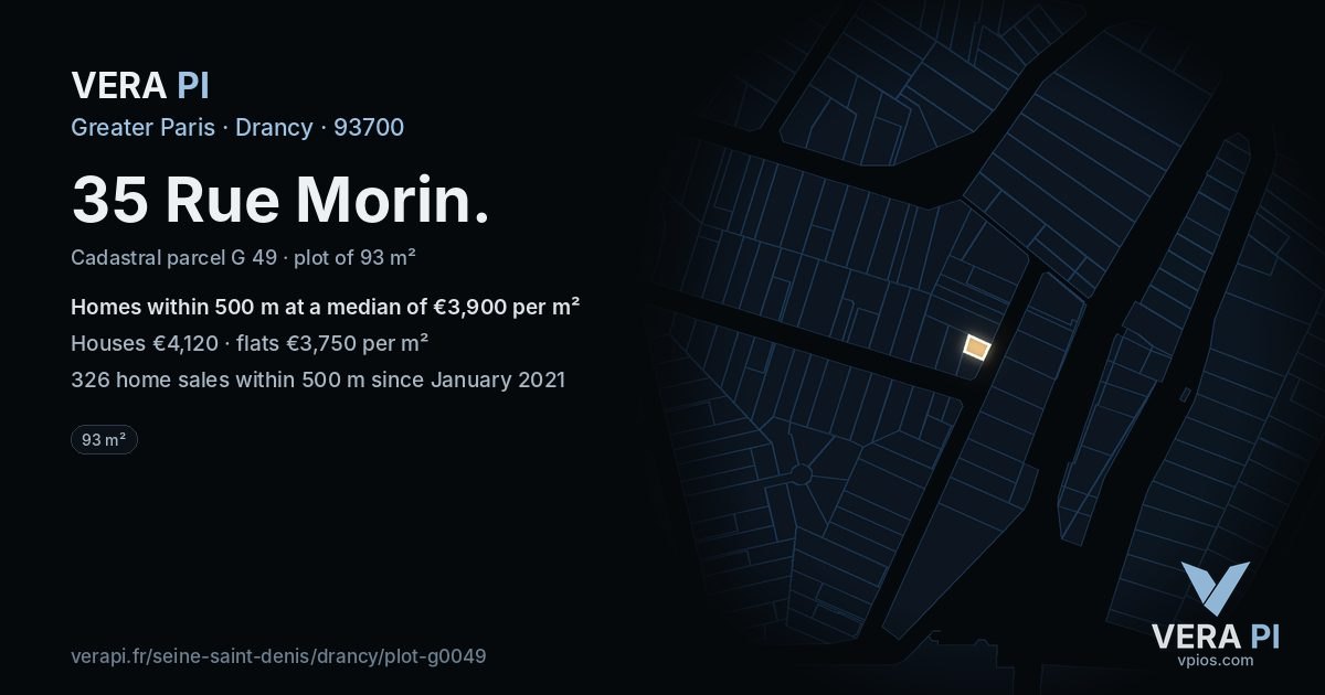 35 Rue Morin, Drancy at night – the plot lit, the parcels around coloured by the prices near them