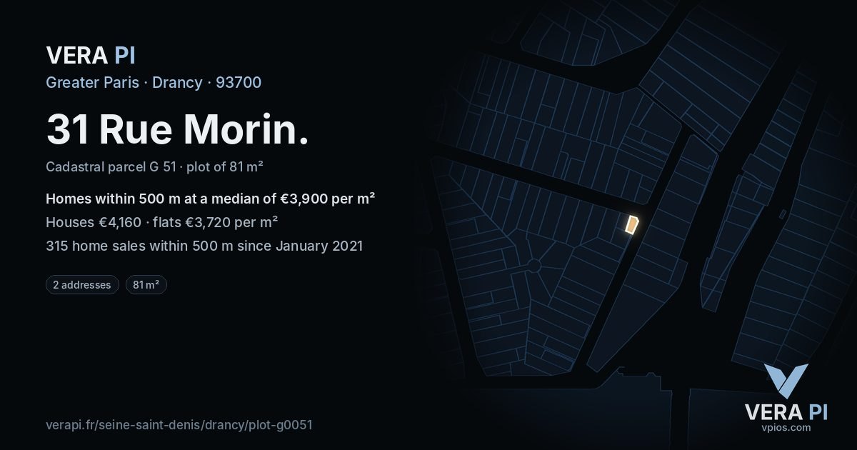 31 Rue Morin, Drancy at night – the plot lit, the parcels around coloured by the prices near them