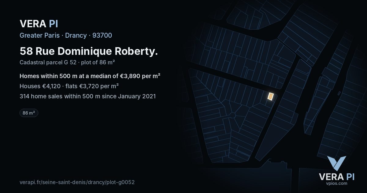 58 Rue Dominique Roberty, Drancy at night – the plot lit, the parcels around coloured by the prices near them