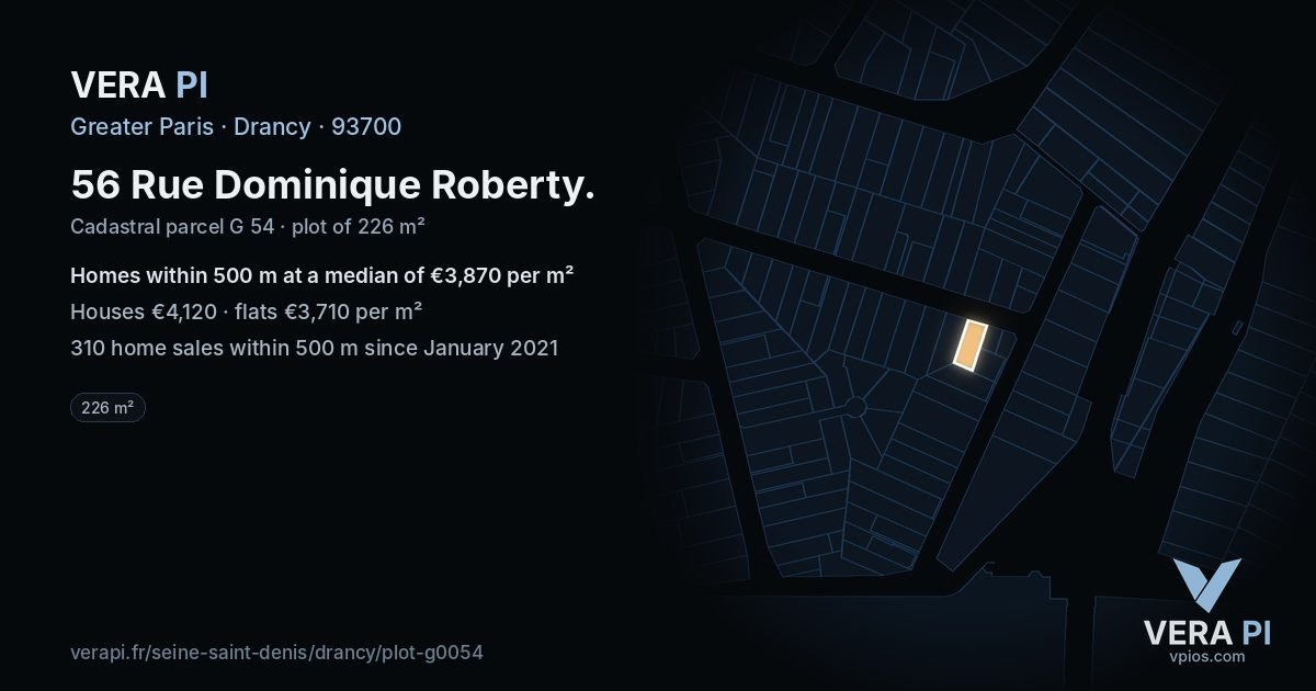 56 Rue Dominique Roberty, Drancy at night – the plot lit, the parcels around coloured by the prices near them