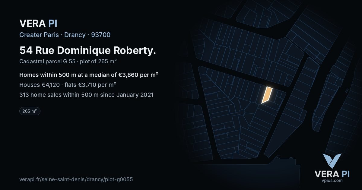 54 Rue Dominique Roberty, Drancy at night – the plot lit, the parcels around coloured by the prices near them